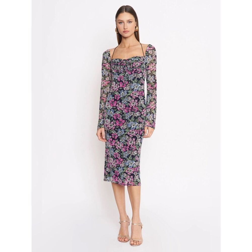 4SI3NNA Women's Pazina Midi Sheer Long Sleeve Dress in Black Floral Size XS